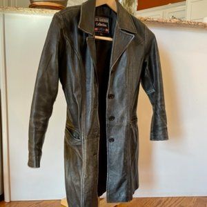 Distressed leather mid-length button-up coat, ladies size s